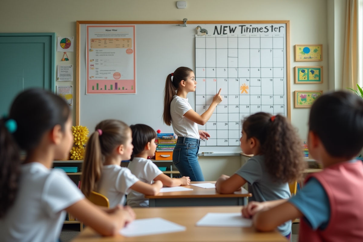 Enfants en classe regardant un calendrier scolaire
