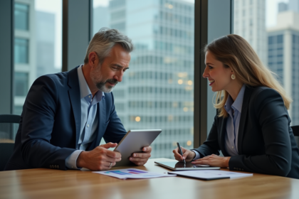 Couple d'affaires en réunion avec graphiques d'investissement