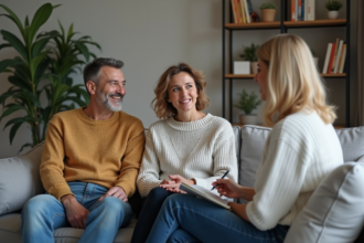Couple en discussion avec une thérapeute dans un salon cosy