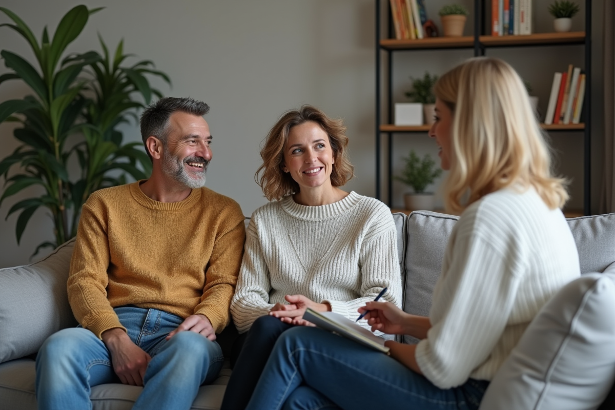 Couple en discussion avec une thérapeute dans un salon cosy