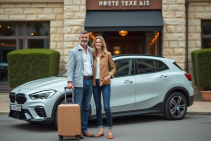Couple souriant devant leur voiture dans un parking hôtel à Bordeaux