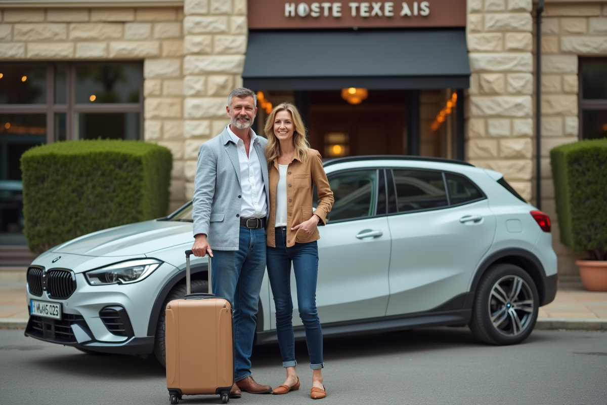 Couple souriant devant leur voiture dans un parking hôtel à Bordeaux