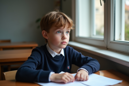Jeune garçon français assis pensif dans un bureau social