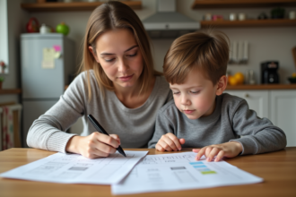 Jeune garçon avec sa mère regardant un rapport scolaire