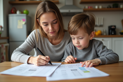 Jeune garçon avec sa mère regardant un rapport scolaire