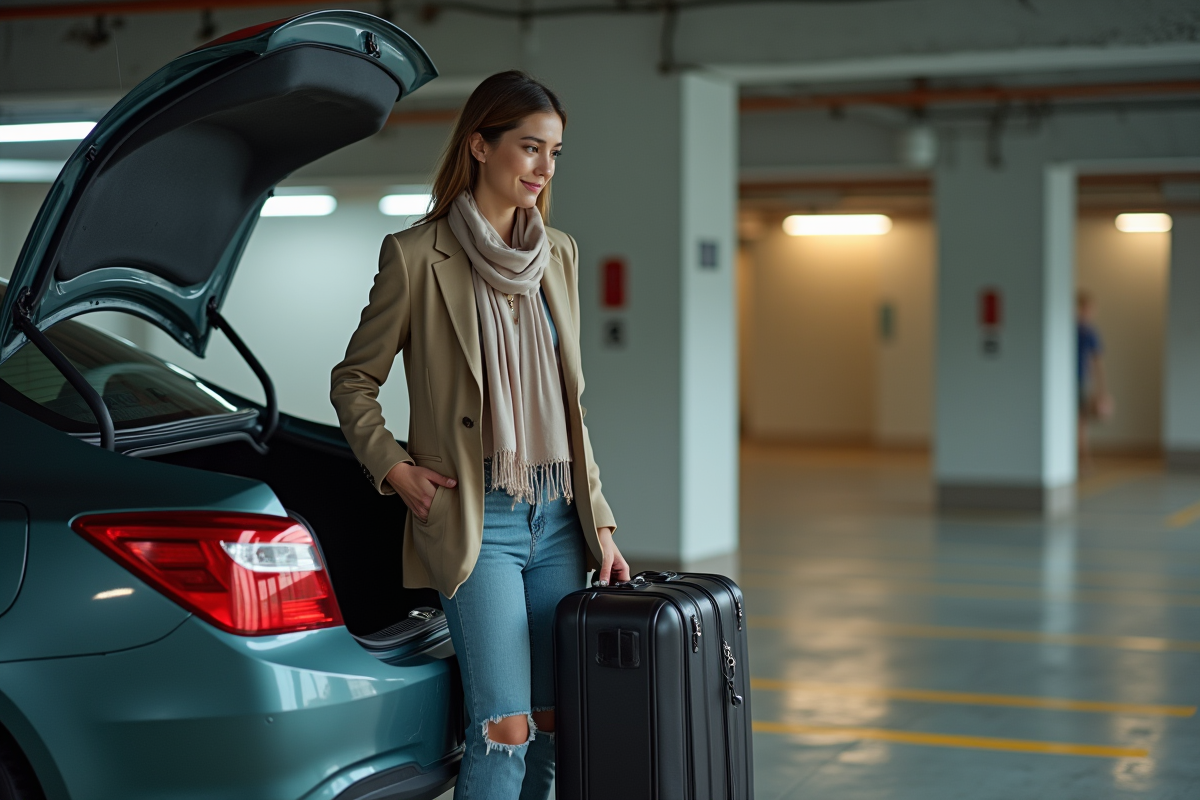 Jeune femme récupérant sa valise dans un parking hôtel