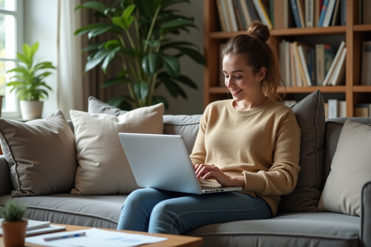 Femme souriante avec ordinateur dans un salon cosy