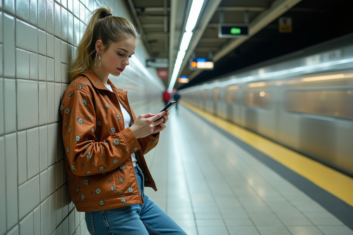 Jeune femme en streetwear dans une station de métro