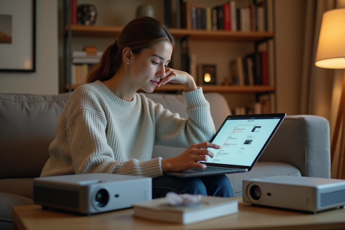 Jeune femme à la maison naviguant sur un ordinateur portable