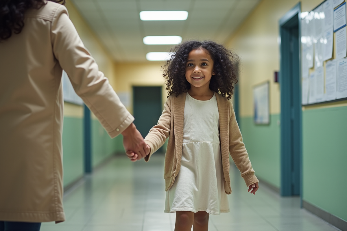 Fille de 10 ans tenant la main d une travailleuse sociale dans un couloir