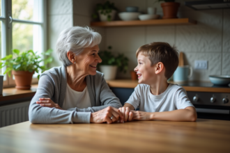 Une grand-mère souriante avec un enfant dans la cuisine chaleureuse