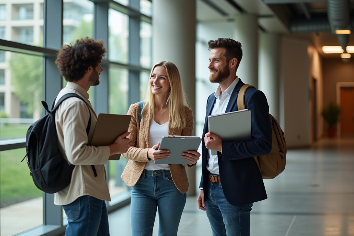Trois étudiants discutant dans un couloir universitaire moderne