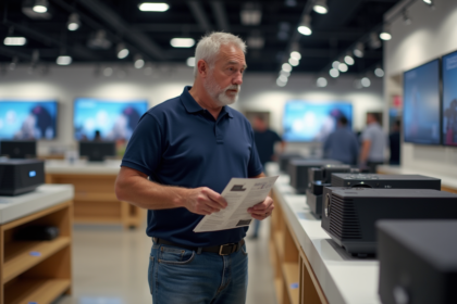 Homme d'âge moyen examinant un projecteur en magasin moderne
