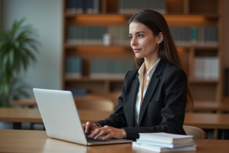Jeune femme en costume d'affaires à la bibliothèque universitaire