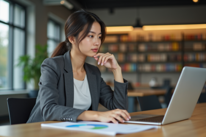 Jeune femme en tenue professionnelle regardant un graphique de carrière
