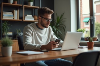 Jeune homme assis à son bureau dans un home office moderne