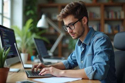 Jeune homme concentré travaillant sur son ordinateur portable dans un bureau moderne