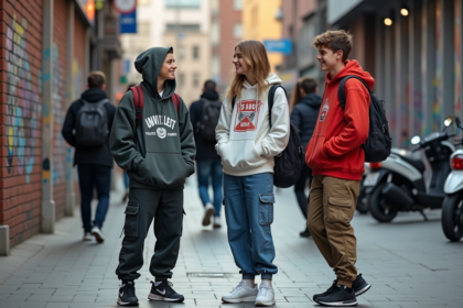 Groupe de jeunes en streetwear dans une ville animée