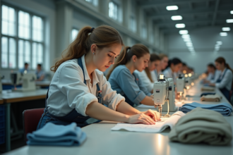 Groupe d'ouvriers en usine textile en pleine fabrication