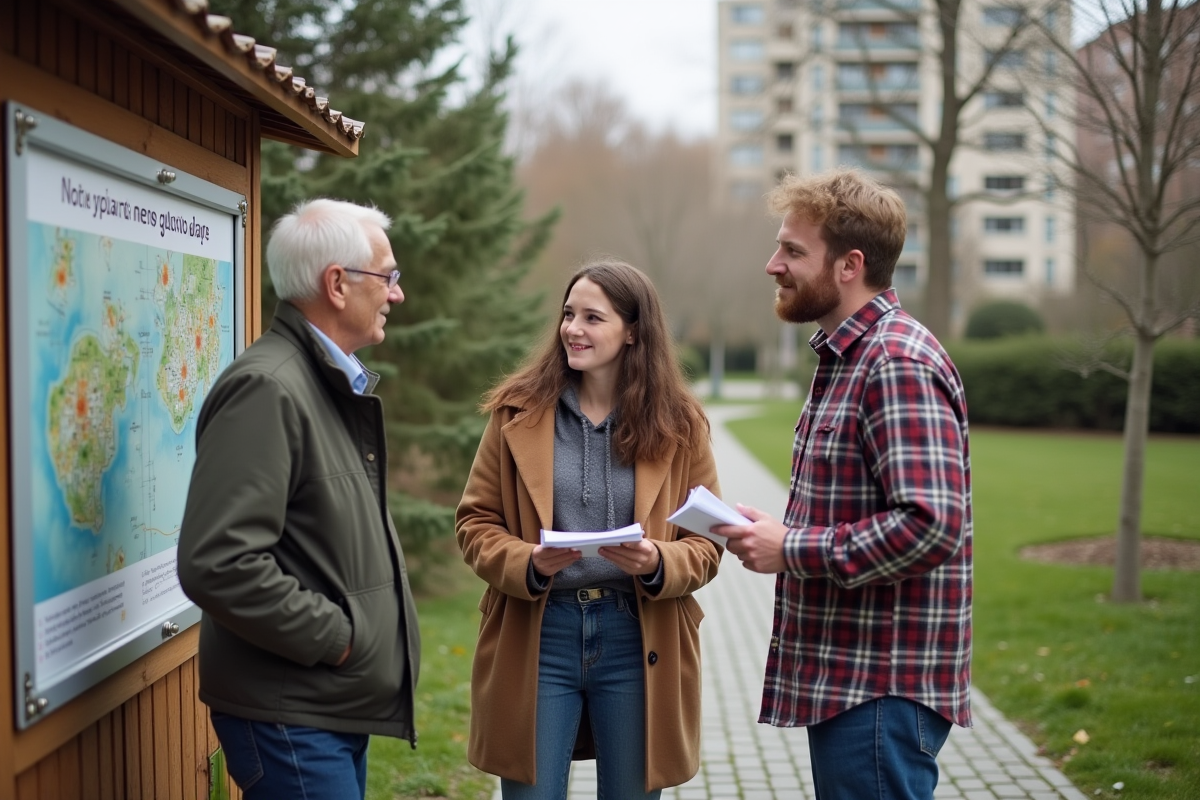 Groupes de résidents discutant des plans de zonage en extérieur