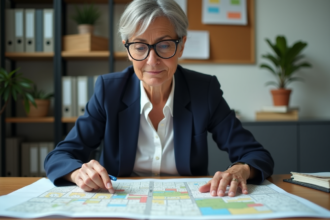 Urbaniste femme étudie un plan de zonage en bureau