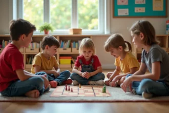 Groupe d'enfants jouant à un jeu de société en classe