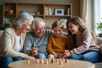 Famille multigeneration jouant à un jeu de société dans le salon