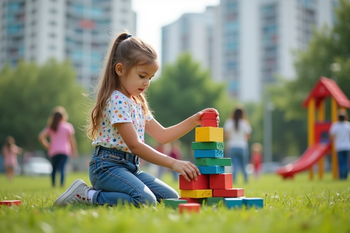 Fille construisant une tour de blocs dans un parc urbain