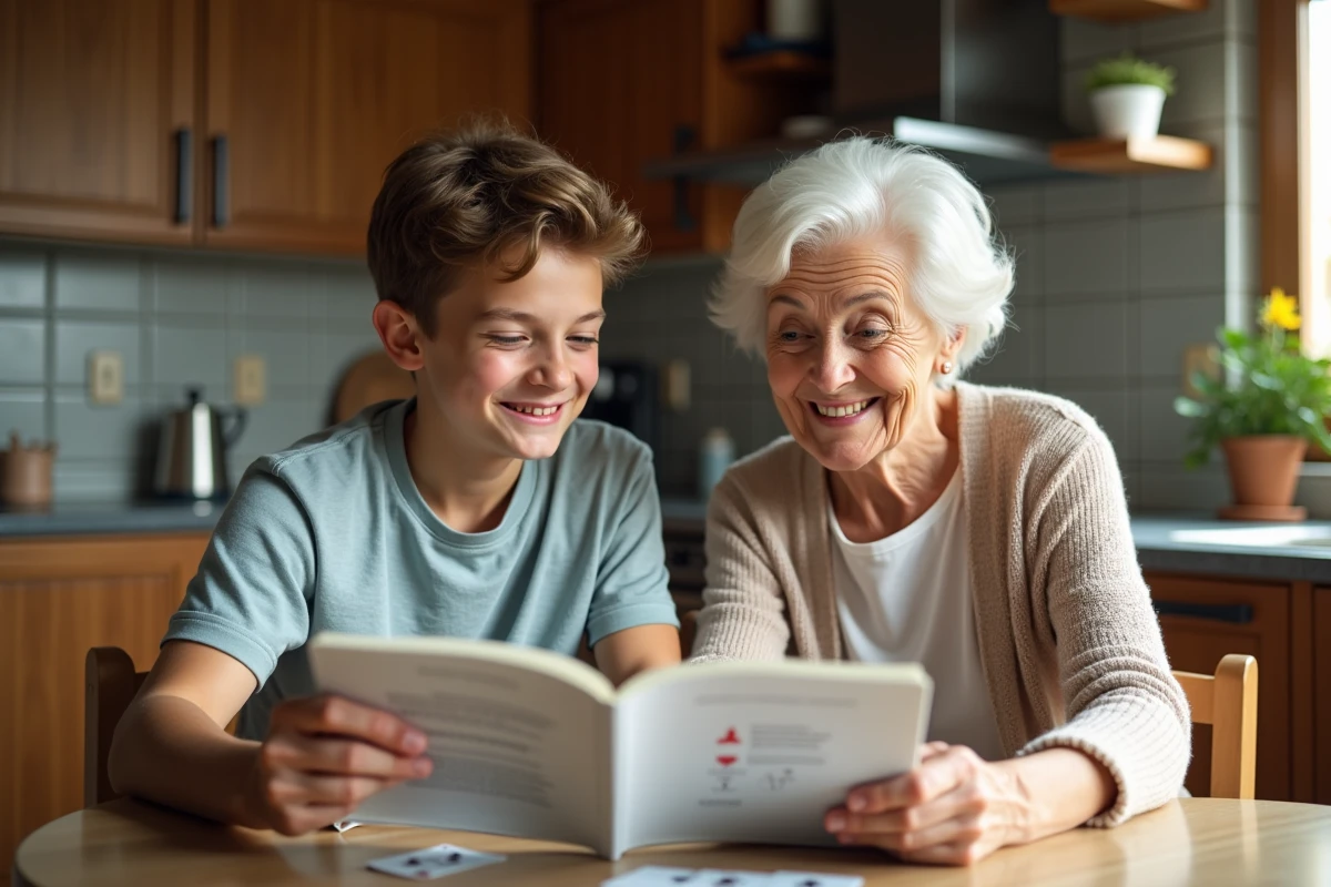 Une grand-mere et un adolescent jouent au bridge dans la cuisine