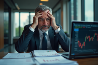 Homme d'affaires inquiet examinant des documents financiers