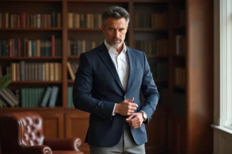 Homme élégant en blazer ajusté dans une bibliothèque sophistiquée