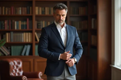 Homme élégant en blazer ajusté dans une bibliothèque sophistiquée