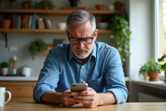 Homme d'âge moyen anxieux regardant son smartphone à la maison