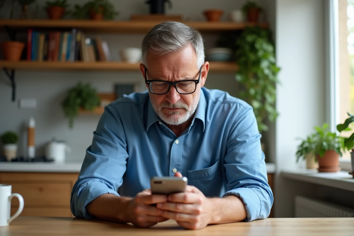 Homme d'âge moyen anxieux regardant son smartphone à la maison