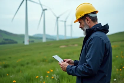 Ingénieur en windbreaker vérifiant données près d'éoliennes