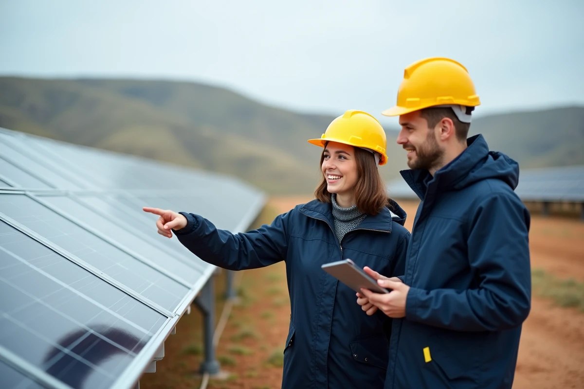 Ingénieure pointant vers des panneaux solaires en extérieur
