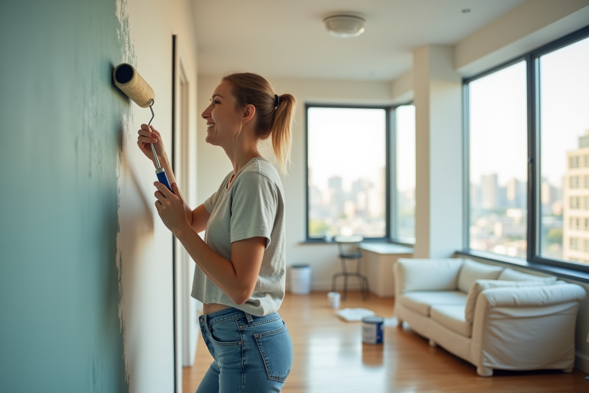 Jeune femme peignant un mur dans un appartement moderne