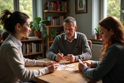 Trois adultes jouent au bridge dans un salon chaleureux