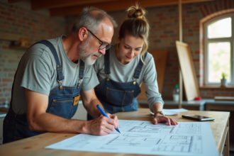 Couple en travaux de rénovation dans une cuisine lumineuse