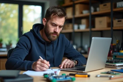 Homme en atelier électronique avec microcontroleur et outils