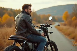 Homme en cuir vintage sur moto rétro en campagne automnale