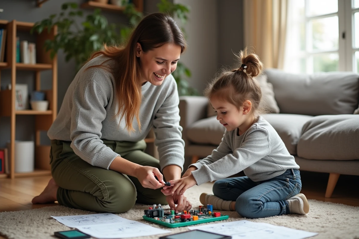 Femme et enfant assemblant un kit électronique à la maison