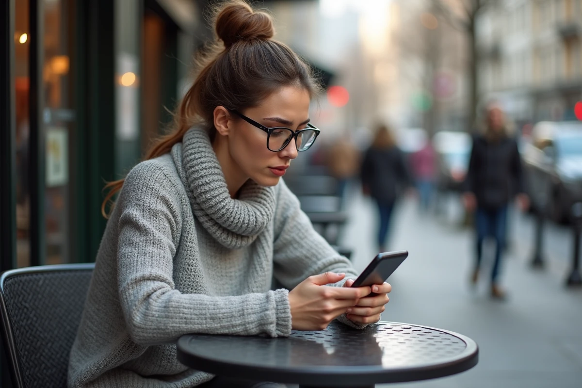 Femme assise au café regardant son smartphone