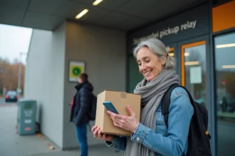 Femme avec colis devant point relais moderne à la frontière