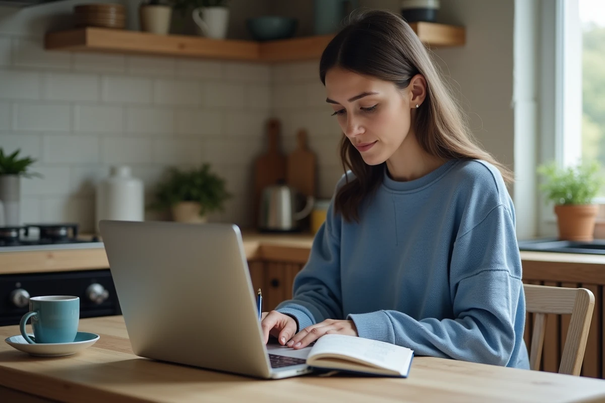 Femme en sweater bleu travaillant à la maison