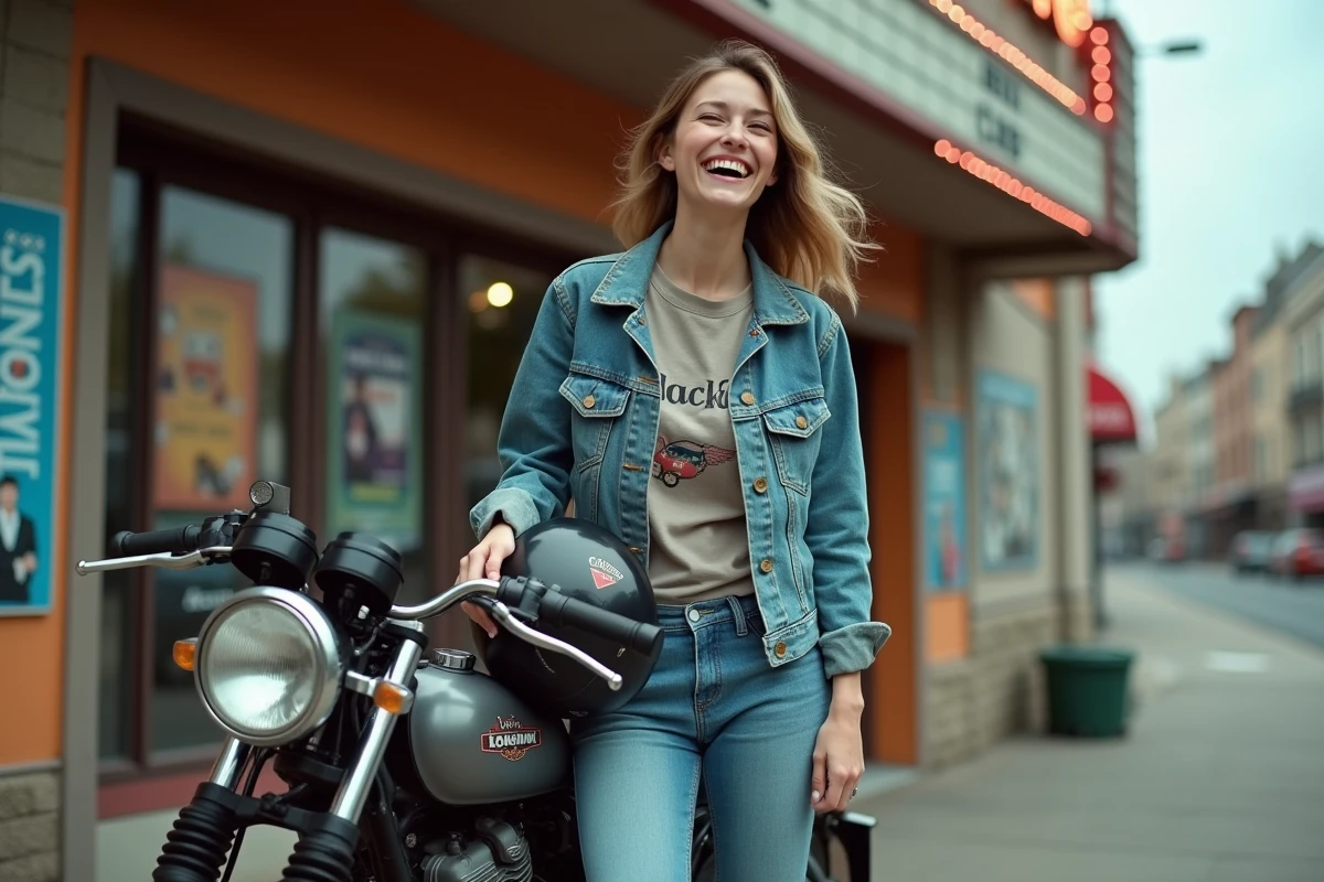 Jeune femme souriante avec moto ancienne devant cinéma rétro