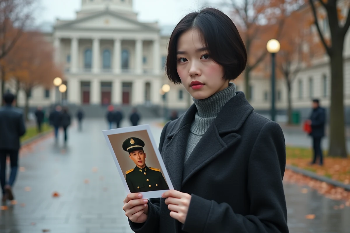 Jeune femme tenant une photo d homme en uniforme en ville