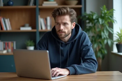 Homme concentré sur son ordinateur dans un intérieur moderne