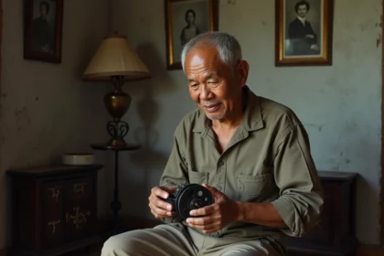 Homme vietnamien âgé tenant une bobine de film ancienne
