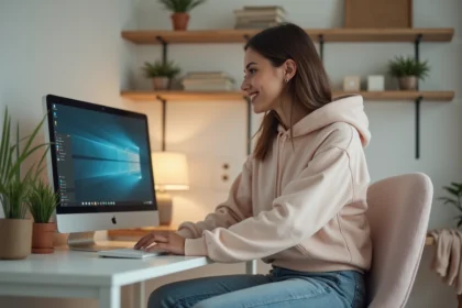 Jeune femme en hoodie pastel travaillant sur son ordinateur